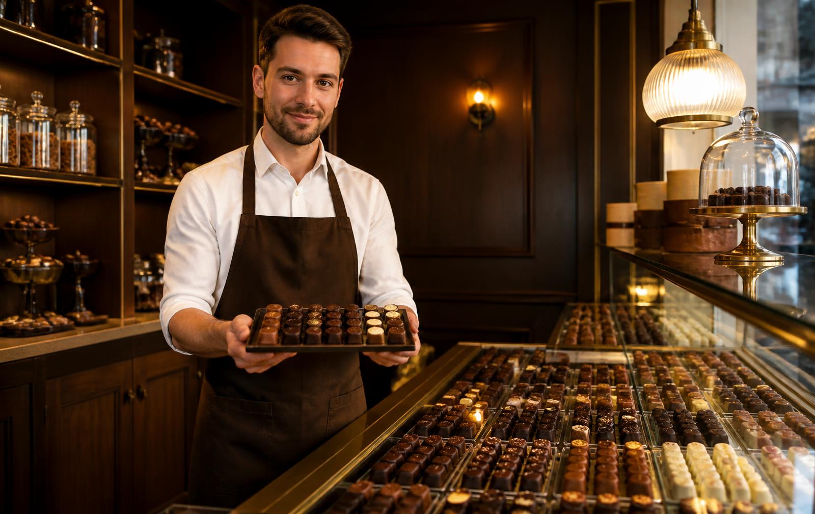 Artisan chocolatier présentant ses pralines